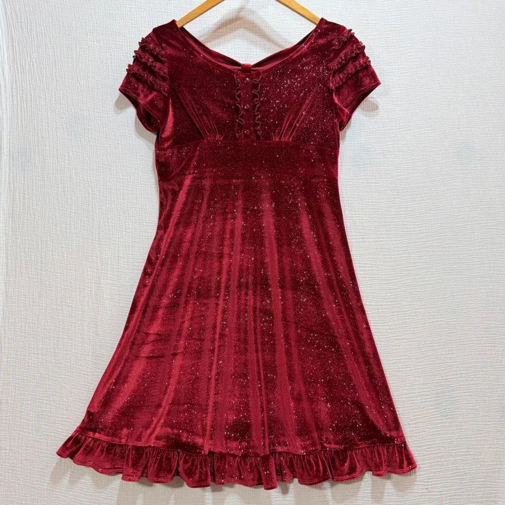 Hype Velvet‎ Glitter Dress Girls 16 Red Holiday Party Ruffle Sparkly V-Neck Y2K
